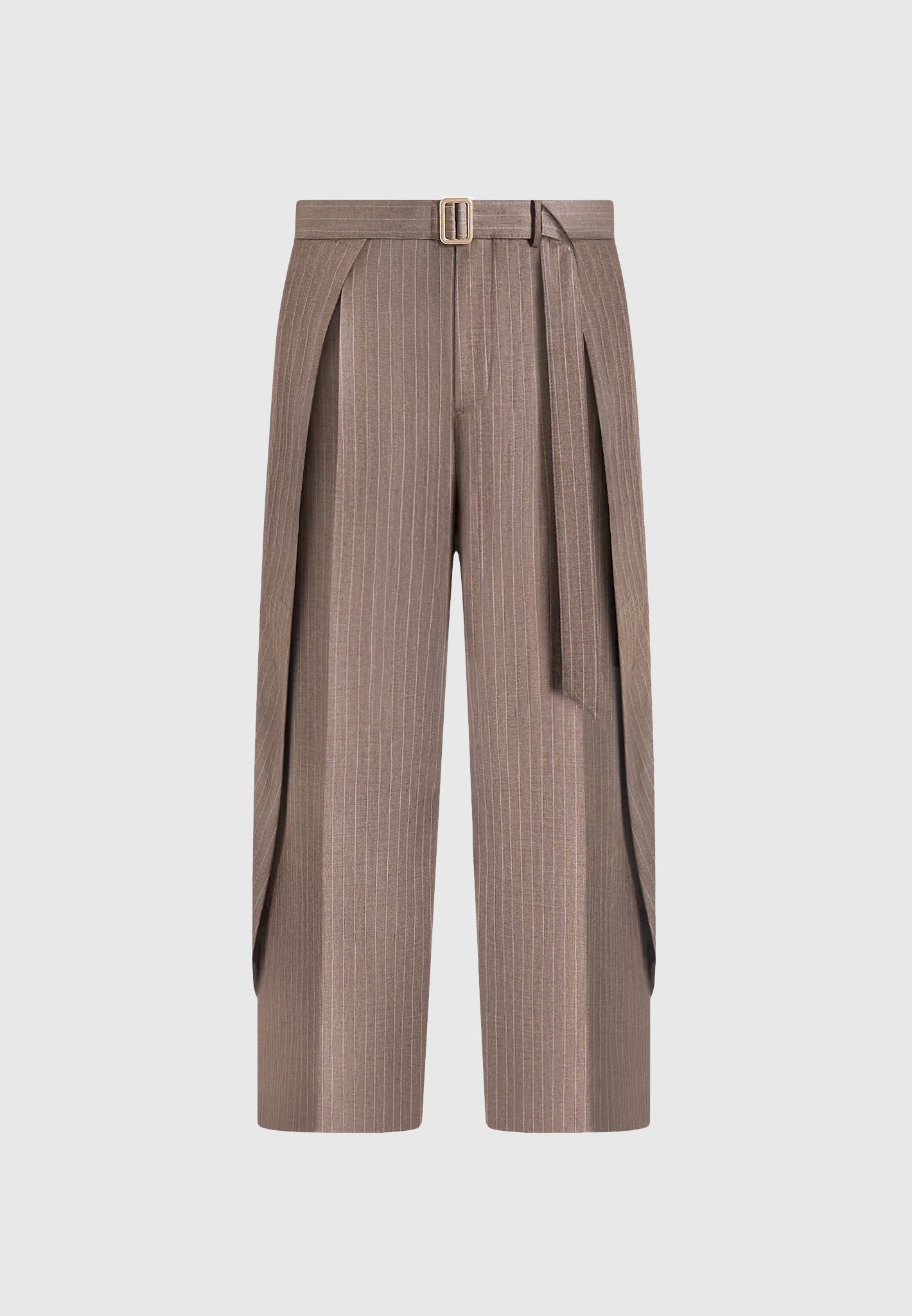 Charles - Wide Fit Wrap Leg Pinstripe Tailored Trousers - Taupe