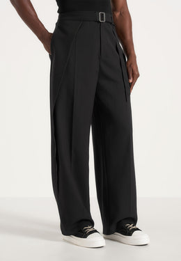 Charles - Wide Fit Wrap Leg Tailored Wool-Blend Trousers - Black