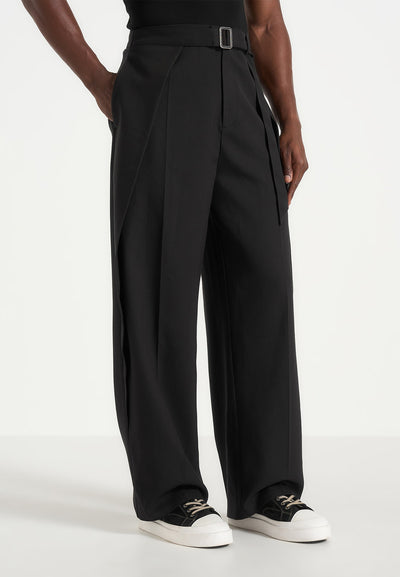 Charles - Wide Fit Wrap Leg Tailored Trousers - Black