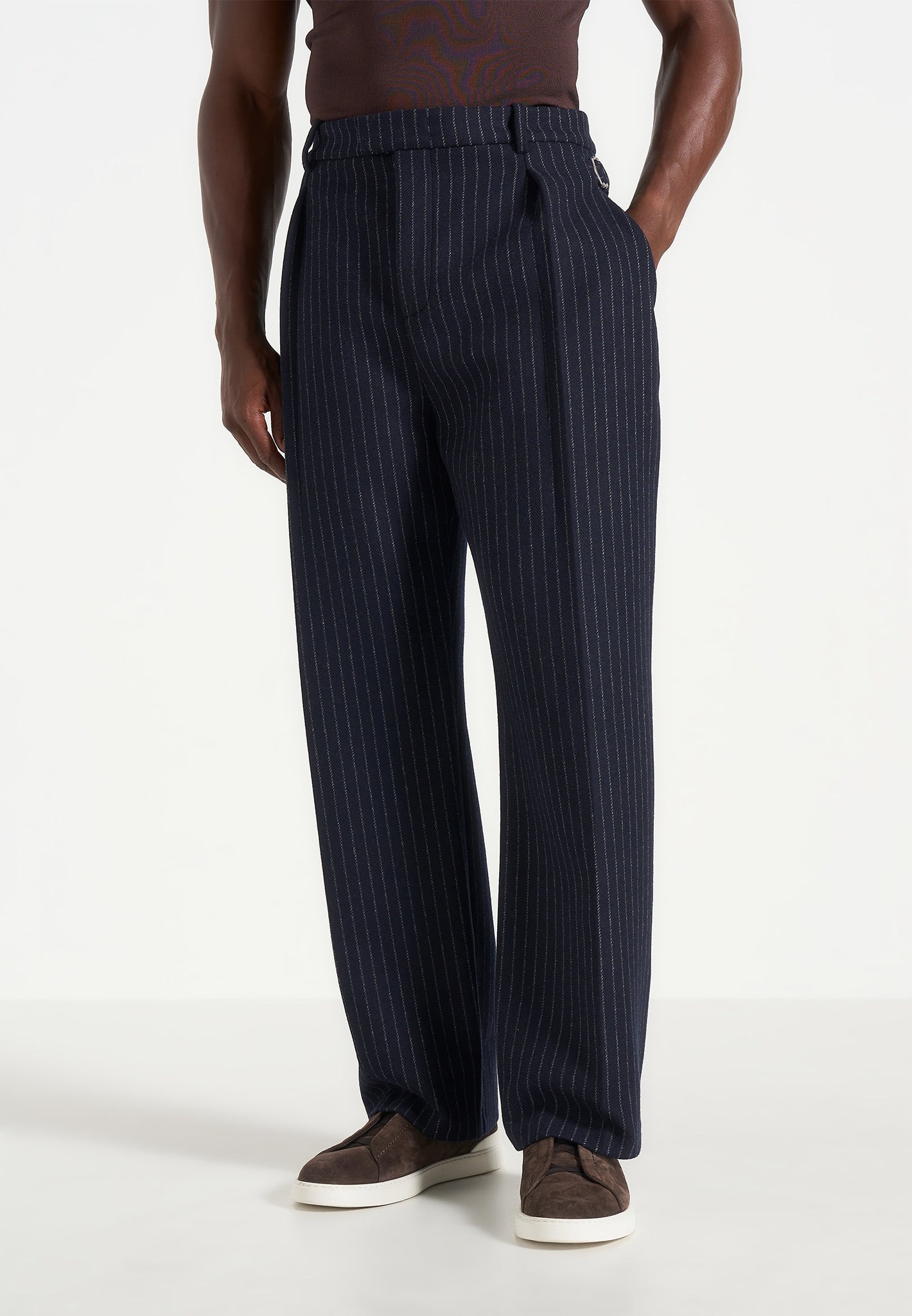 Dorian - Pinstripe Wool Pleated Trousers - Navy