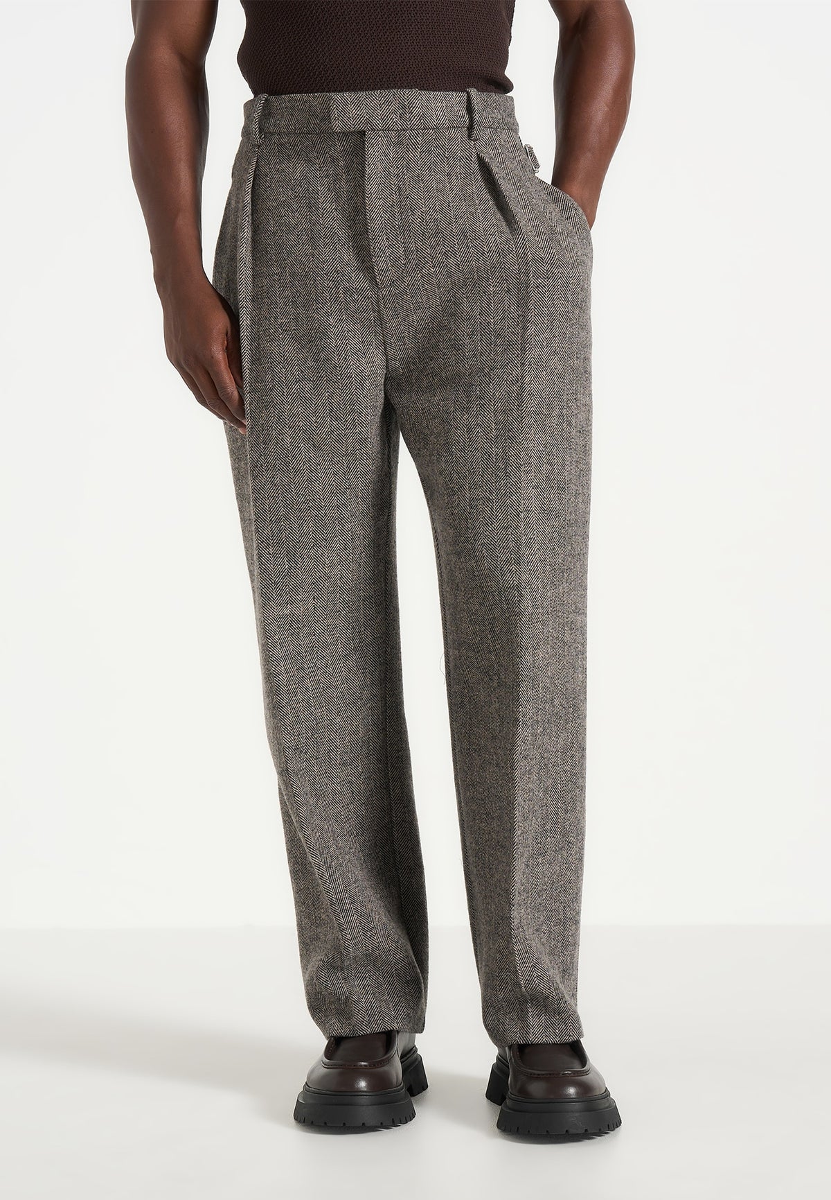 Dorian -  Herringbone Wool Pleated Trousers - Grey