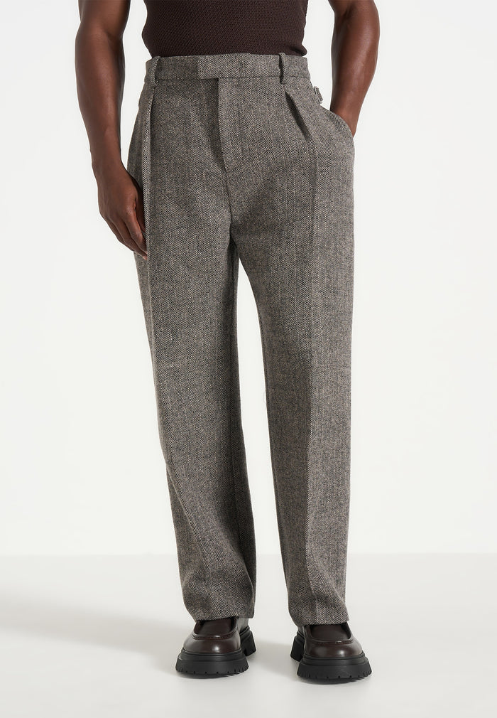 Dorian -  Herringbone Wool Pleated Trousers - Grey