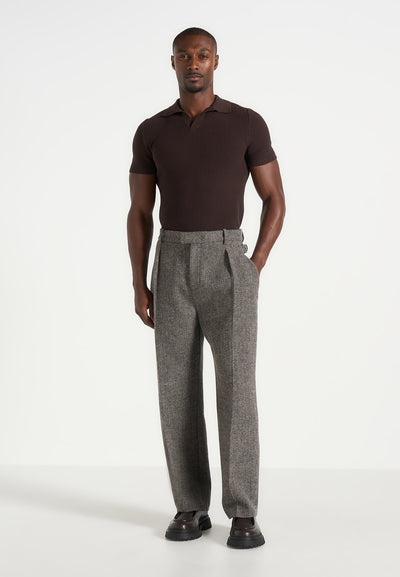 Dorian -  Herringbone Wool Pleated Trousers - Grey