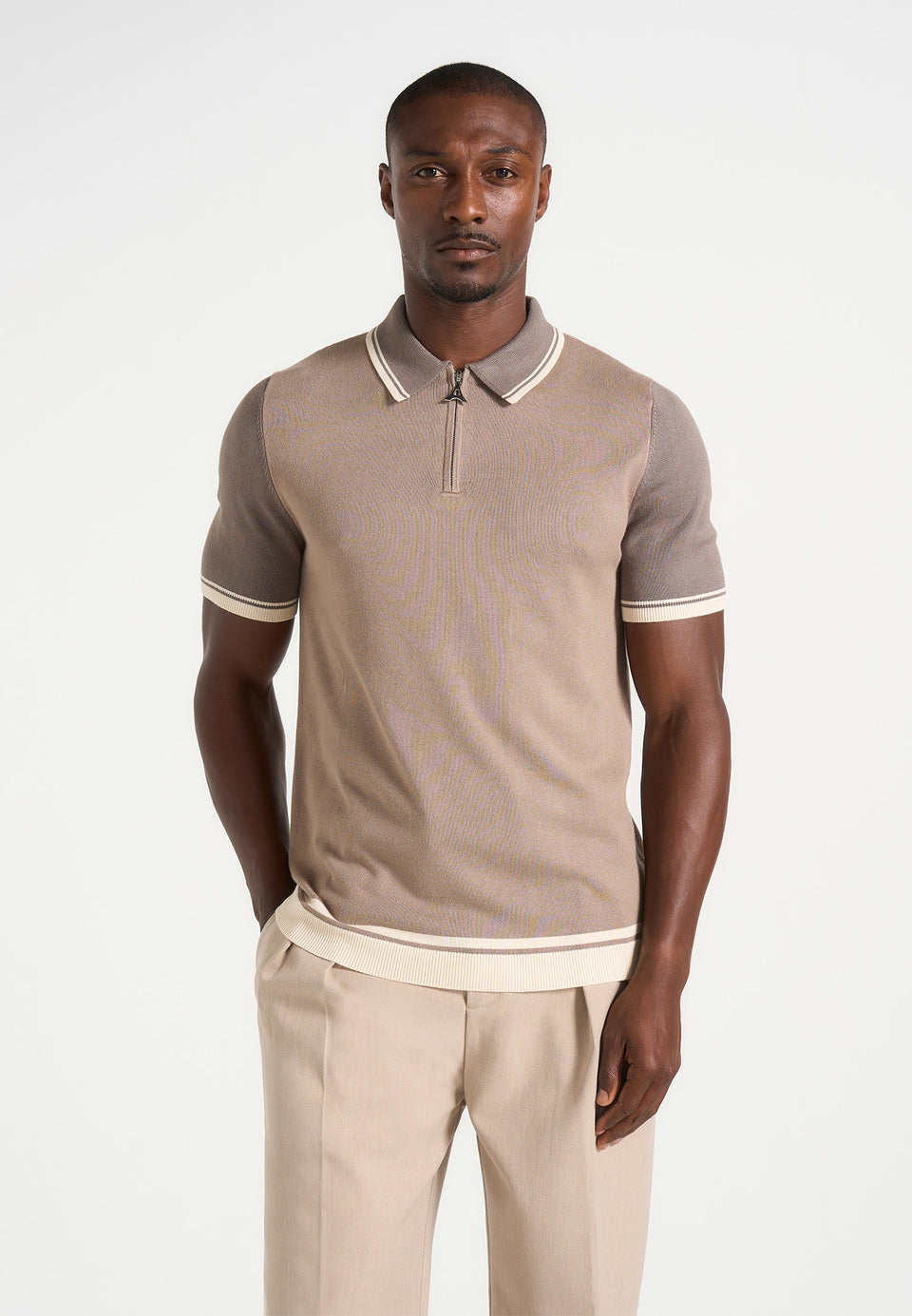 Cole - Colour Block Zip Polo Shirt - Taupe