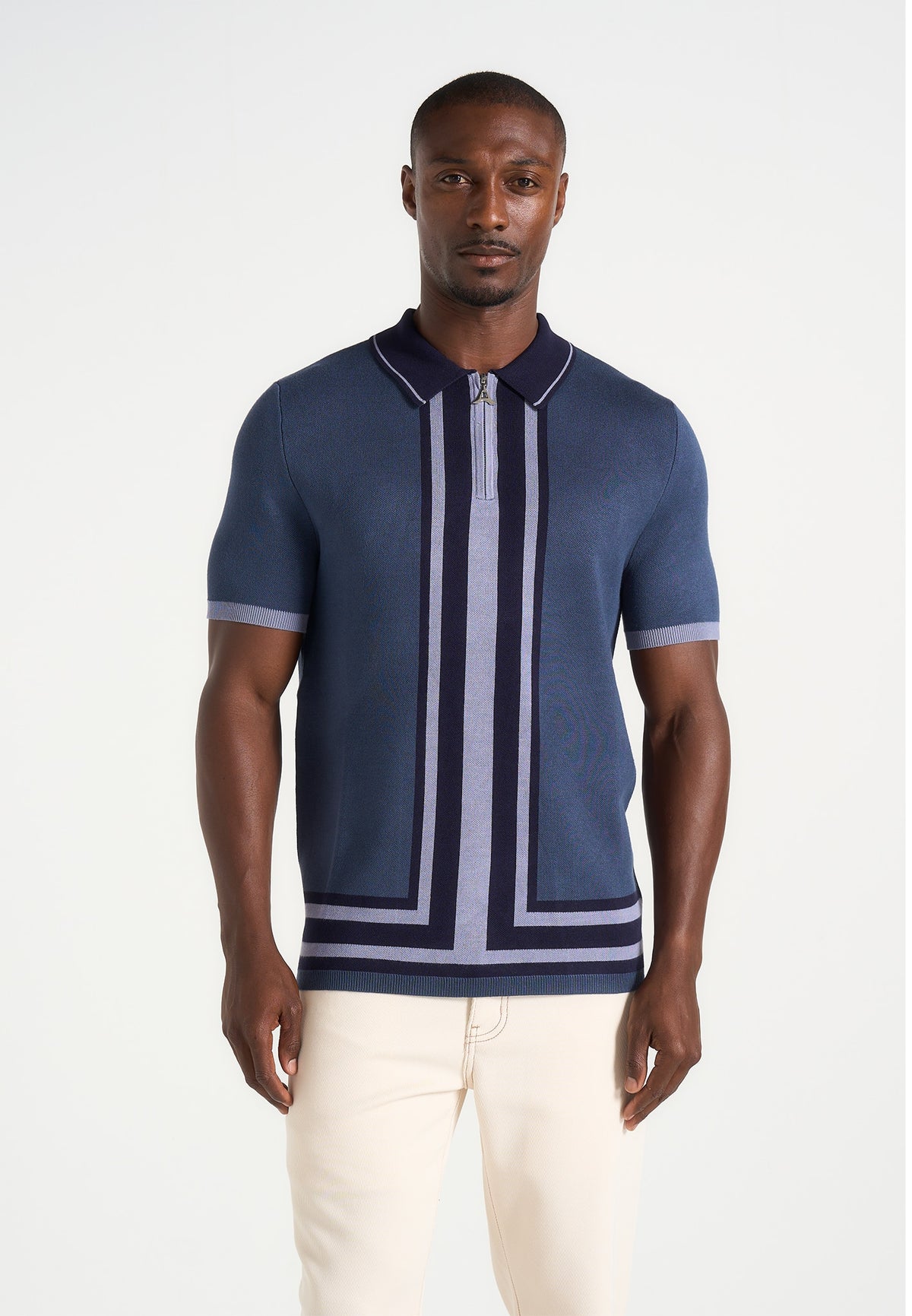 Daniel - Contrast Border Knit Zip Polo Shirt - Blue
