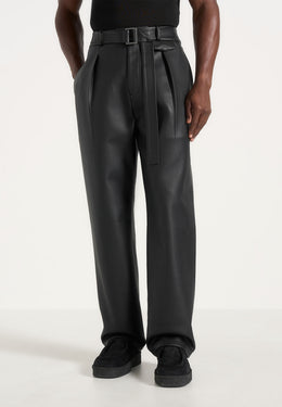 Serge - Relaxed Fit Leather Pleated Trousers - Black