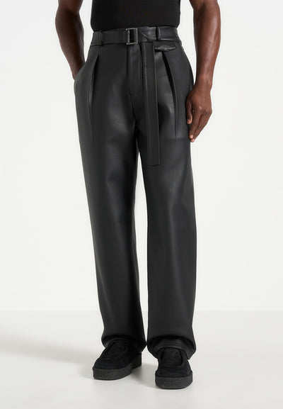 Serge - Relaxed Fit Leather Pleated Trousers - Black
