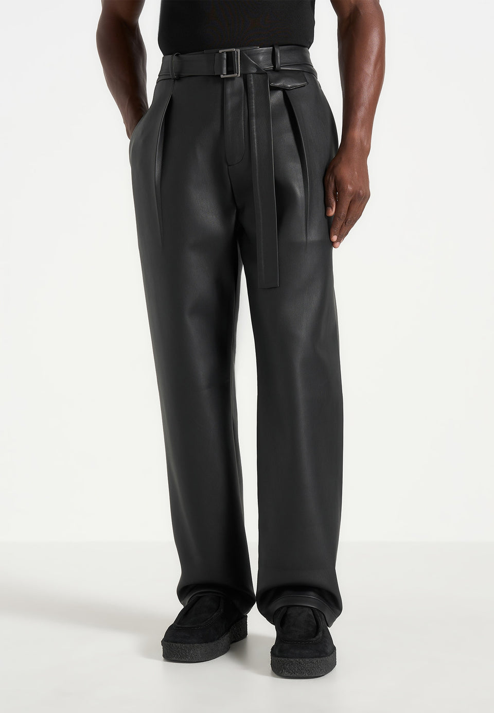 Serge - Relaxed Fit Leather Pleated Trousers - Black