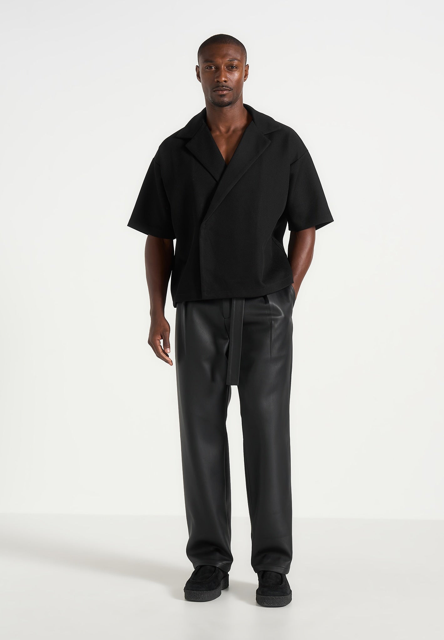 Serge - Relaxed Fit Leather Pleated Trousers - Black