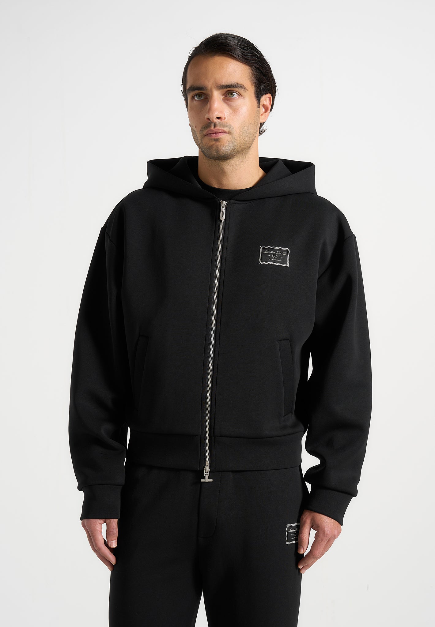 Ray - Unisex Neoprene Cropped Zip Hoodie - Black 