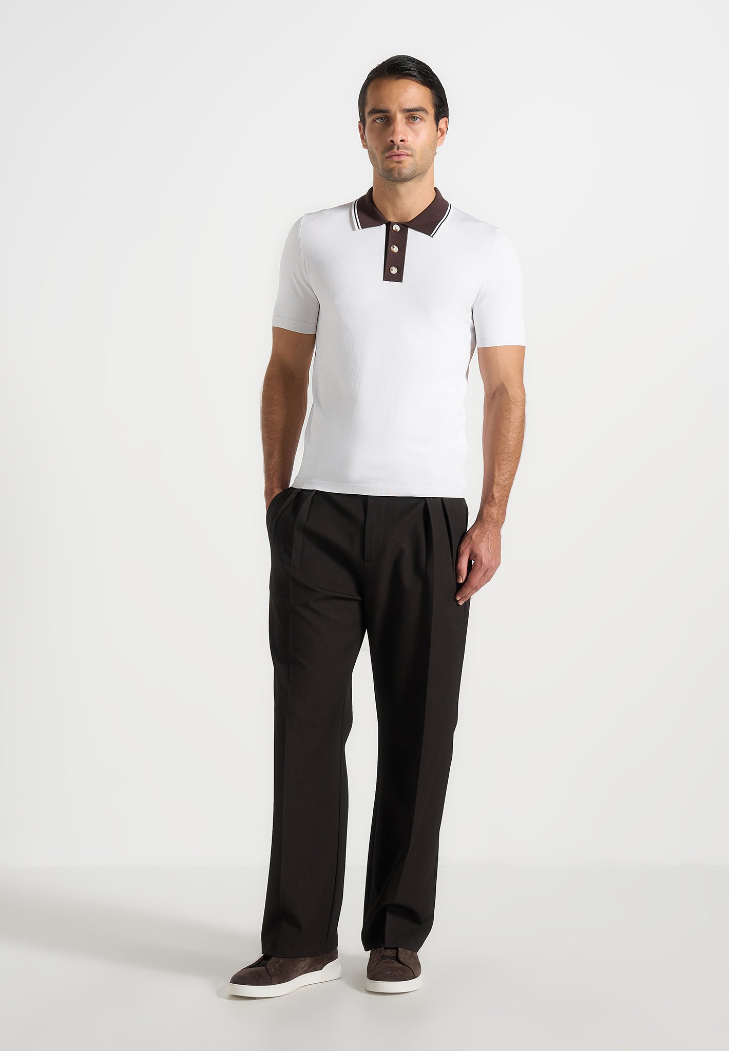 Roux - Contrast Detail Luxe Knit Polo Shirt - White 