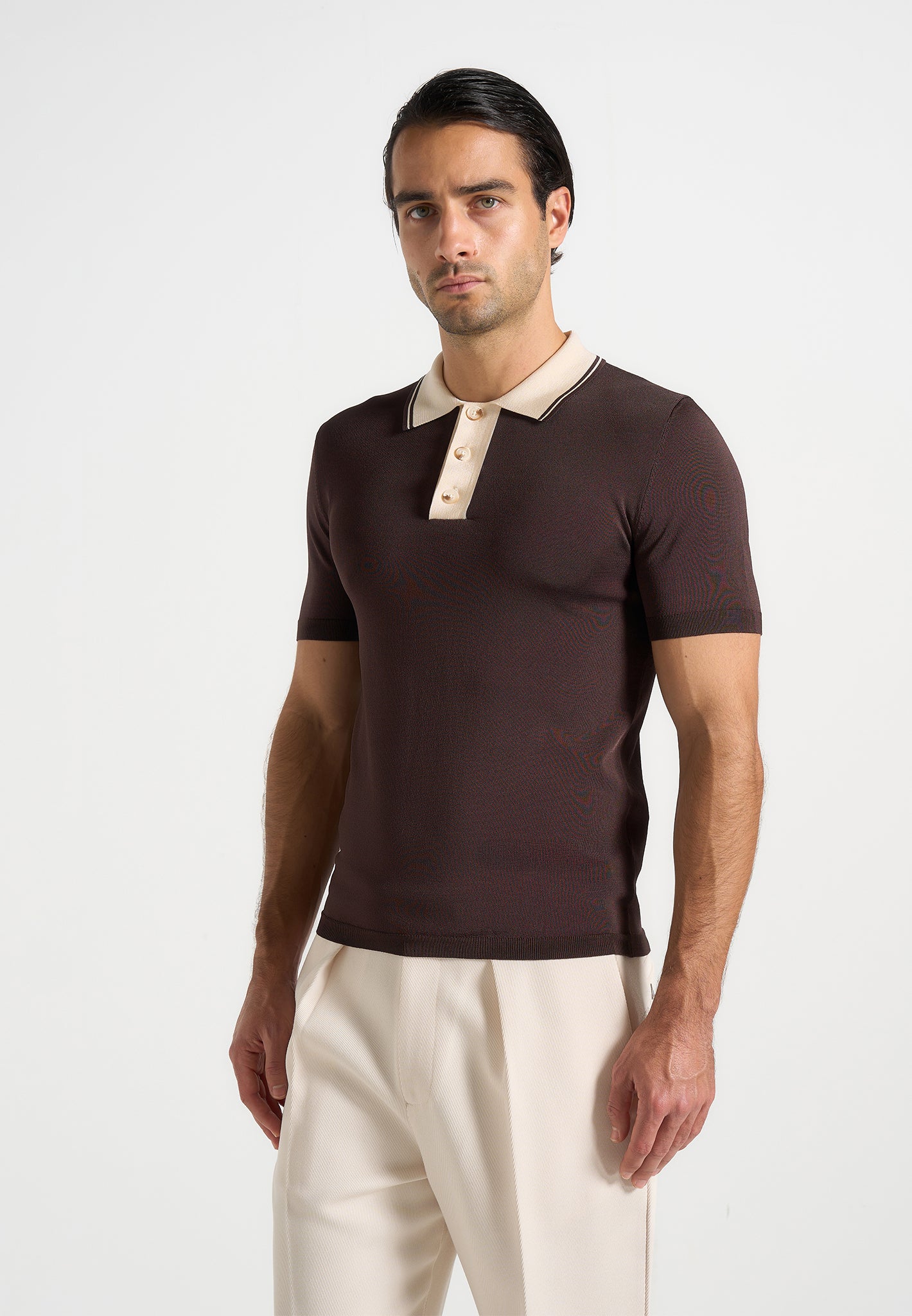 Roux - Contrast Detail Luxe Knit Polo Shirt - Brown 