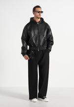 Jude - Unisex Leather Zip-Through Hooded Jacket - Black