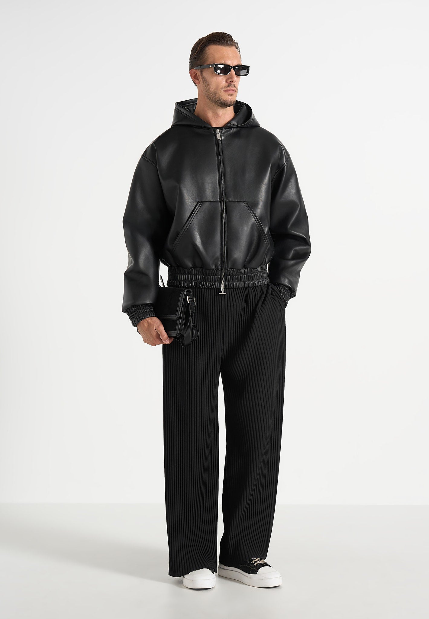 Jude - Unisex Leather Zip-Through Hooded Jacket - Black