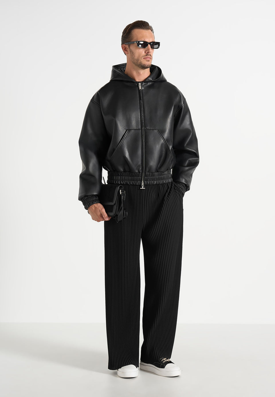 Jude - Unisex Leather Zip-Through Hooded Jacket - Black