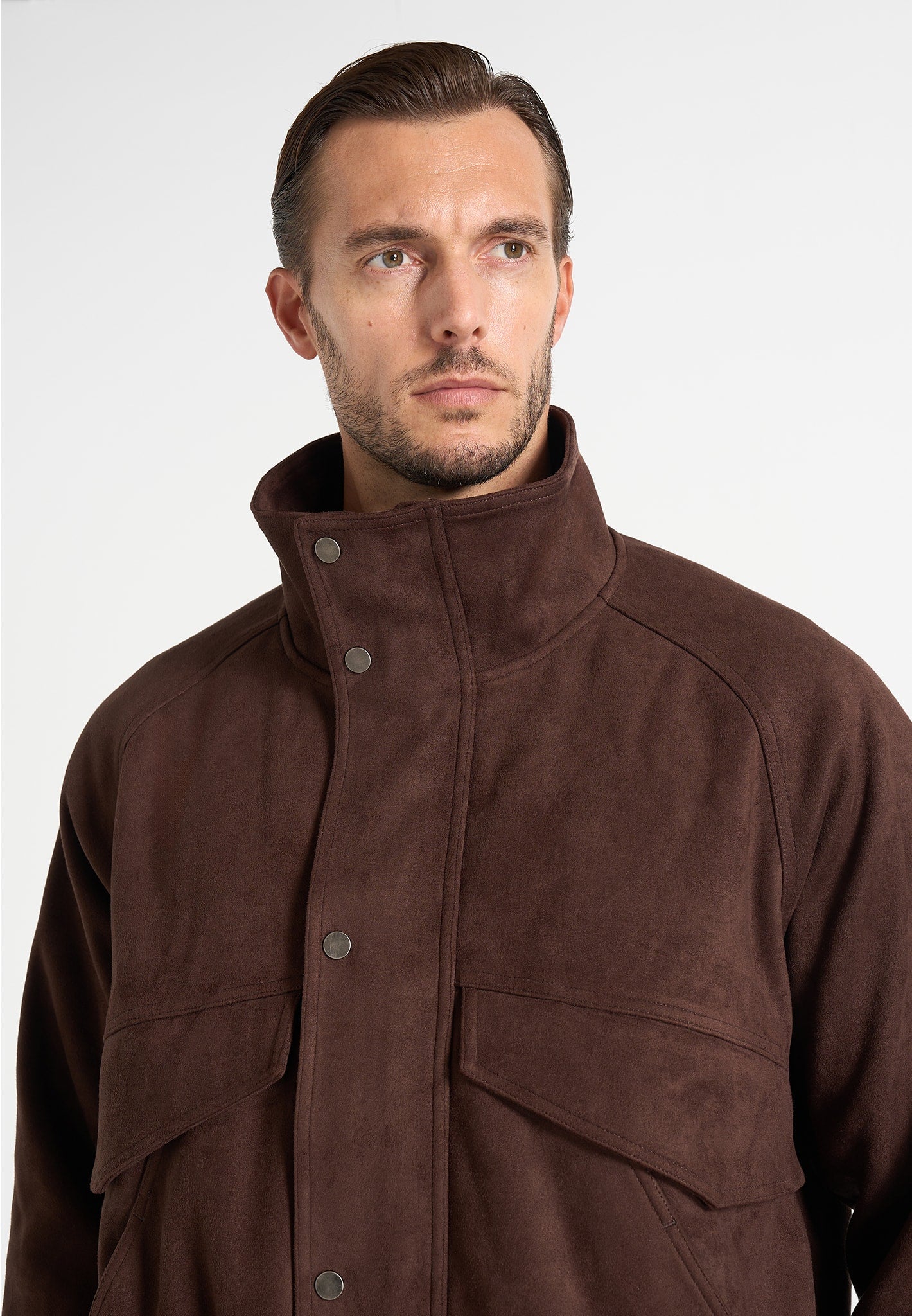 Romain - Unisex Suede Funnel Neck Bomber Jacket - Brown