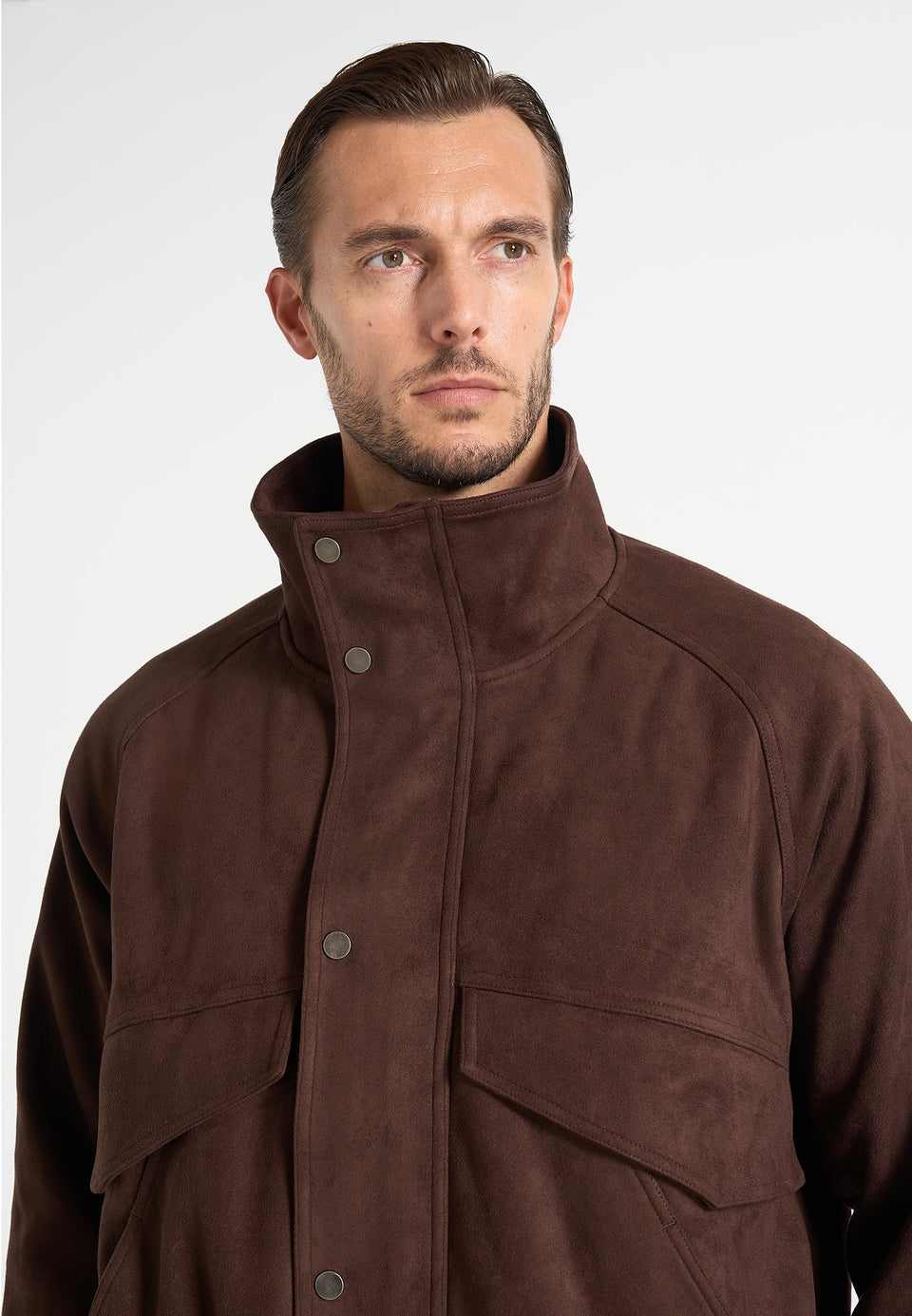 Romain - Unisex Suede Funnel Neck Bomber Jacket - Brown