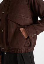 Romain - Unisex Suede Funnel Neck Bomber Jacket - Brown