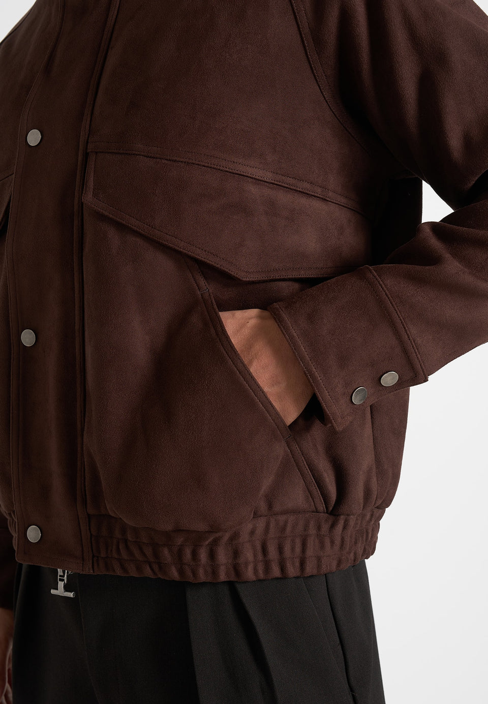 Romain - Unisex Suede Funnel Neck Bomber Jacket - Brown