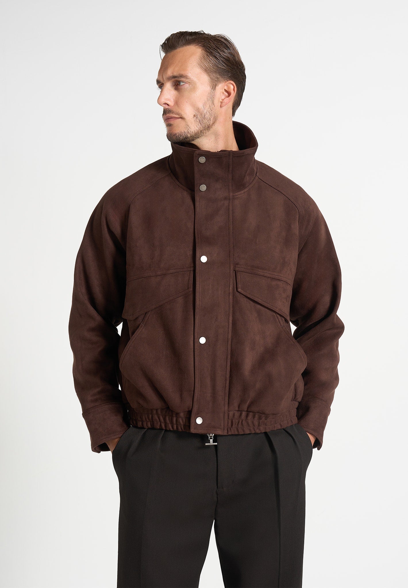 Romain - Unisex Suede Funnel Neck Bomber Jacket - Brown