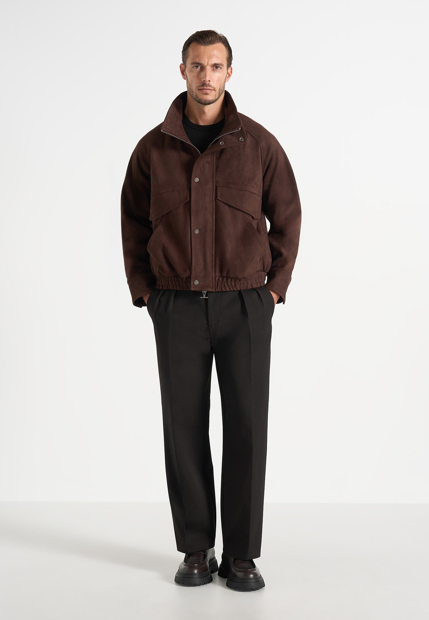 Romain - Unisex Suede Funnel Neck Bomber Jacket - Brown