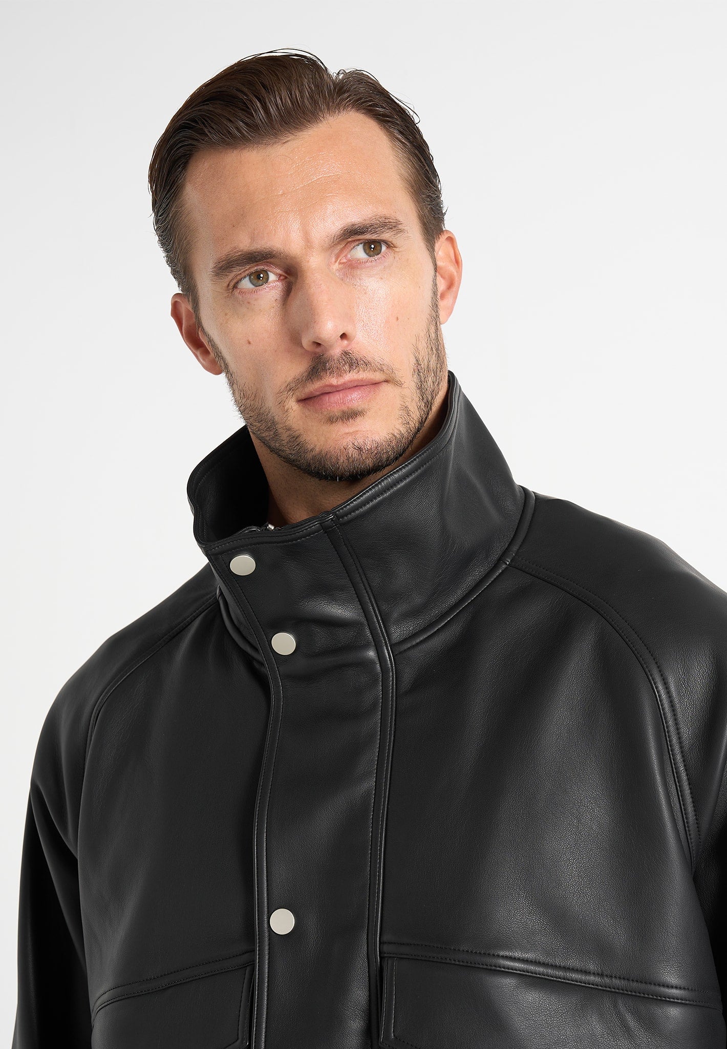Romain - Unisex Leather Funnel Neck Bomber Jacket - Black