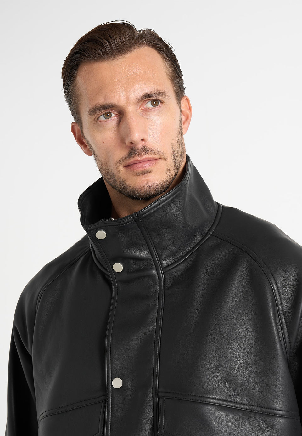 Romain - Unisex Leather Funnel Neck Bomber Jacket - Black
