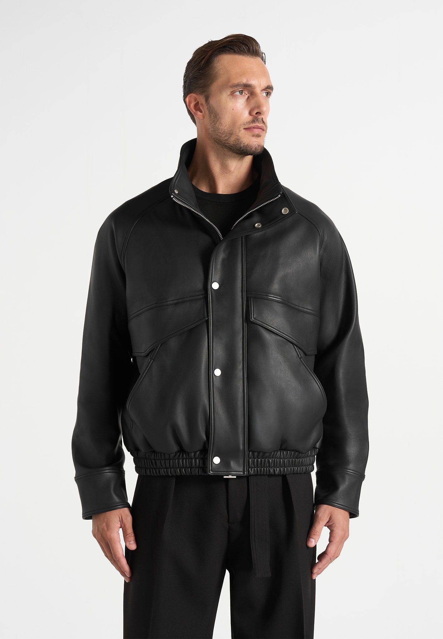 Romain - Unisex Leather Funnel Neck Bomber Jacket - Black