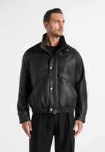 Romain - Unisex Leather Funnel Neck Bomber Jacket - Black