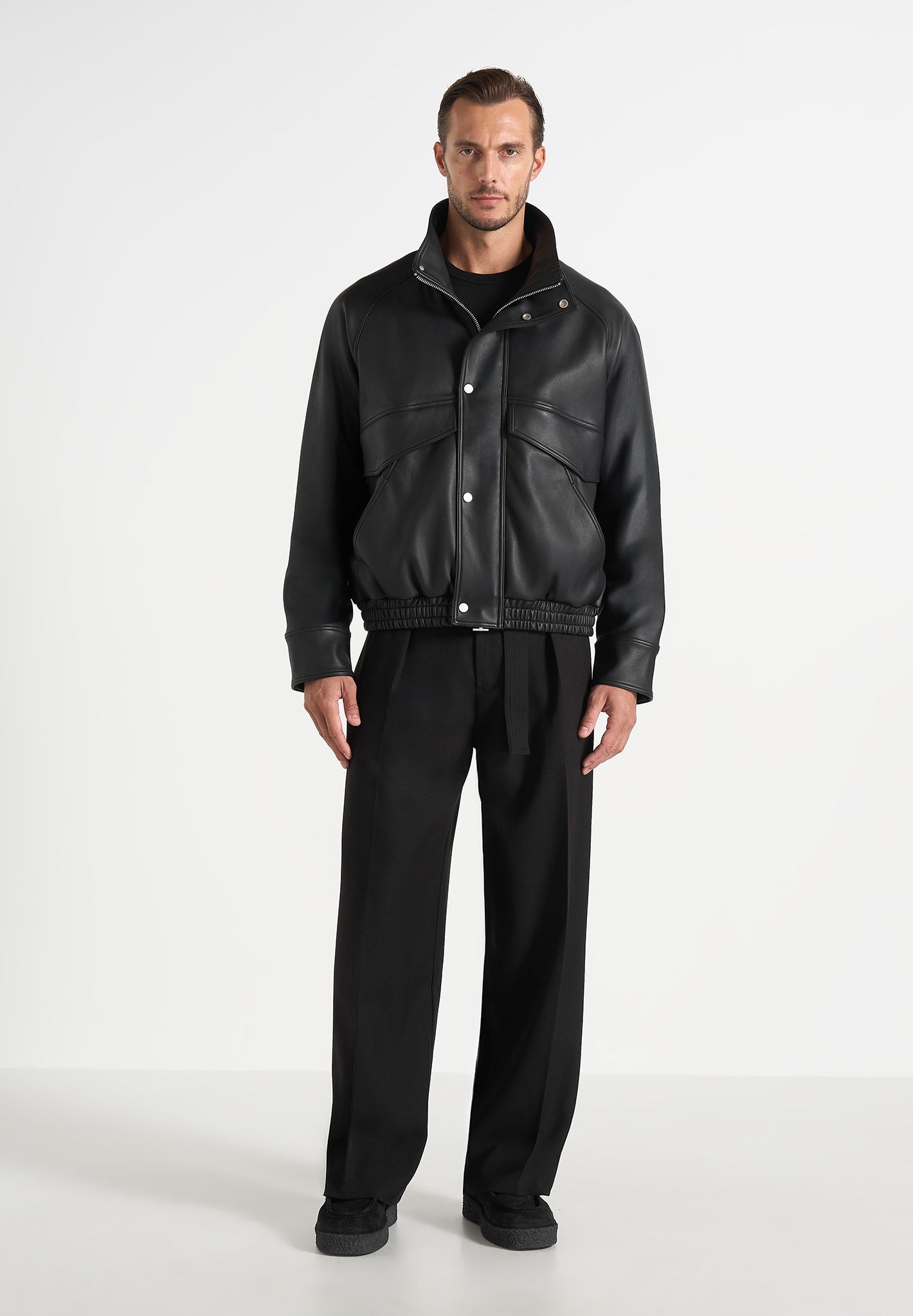 Romain - Unisex Leather Funnel Neck Bomber Jacket - Black