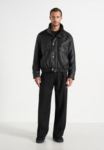 Romain - Unisex Leather Funnel Neck Bomber Jacket - Black