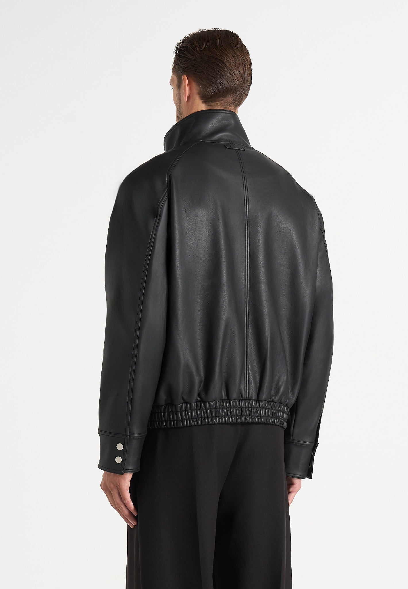 Romain - Unisex Leather Funnel Neck Bomber Jacket - Black