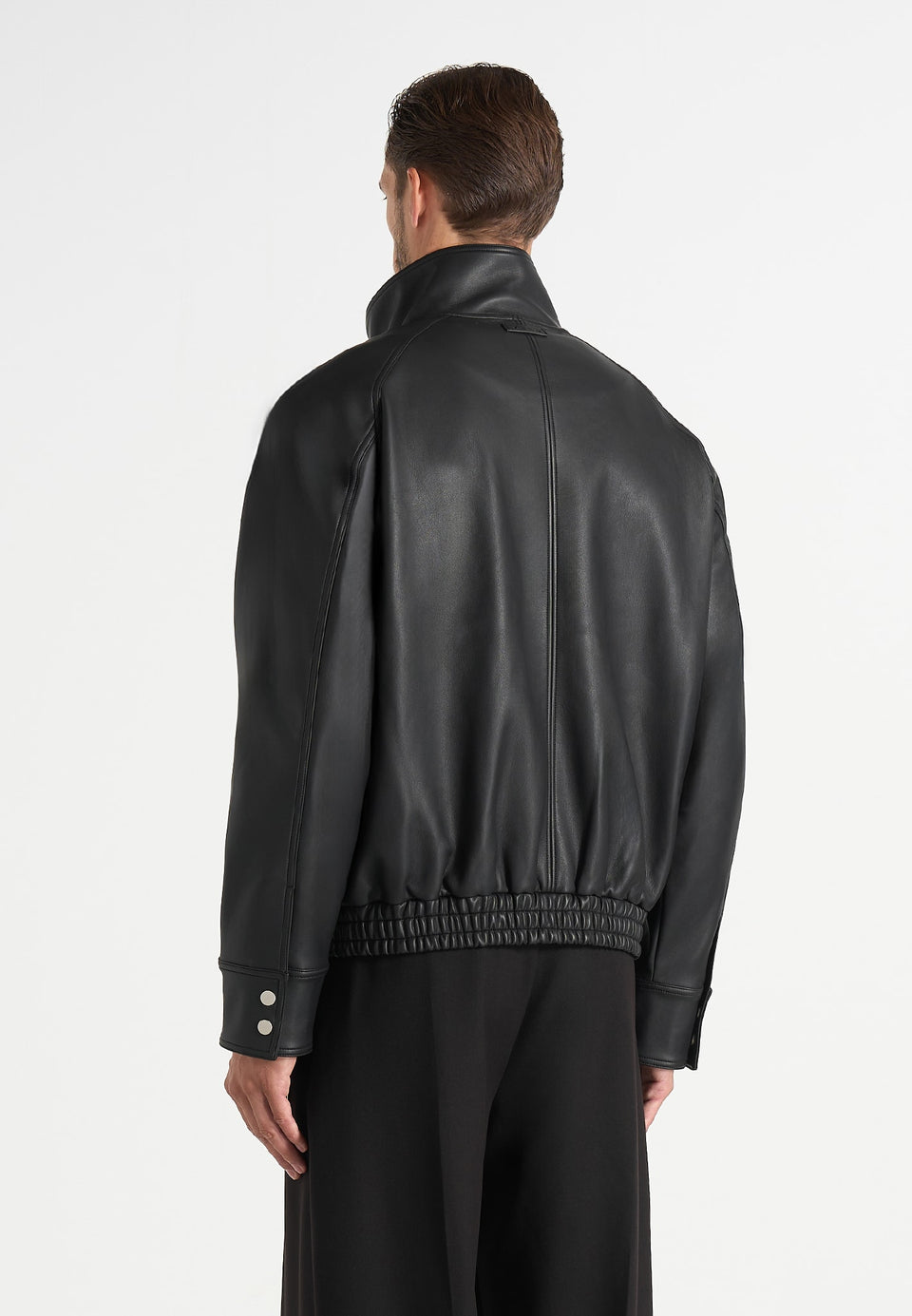 Romain - Unisex Leather Funnel Neck Bomber Jacket - Black