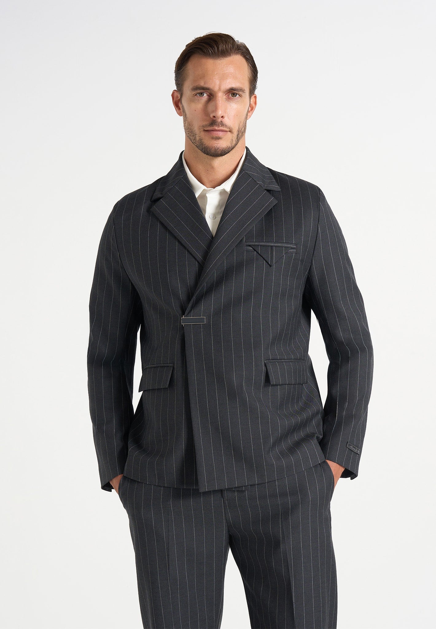 Gaston - Double Breasted Pinstripe Wool-Blend Suit Blazer - Dark Grey