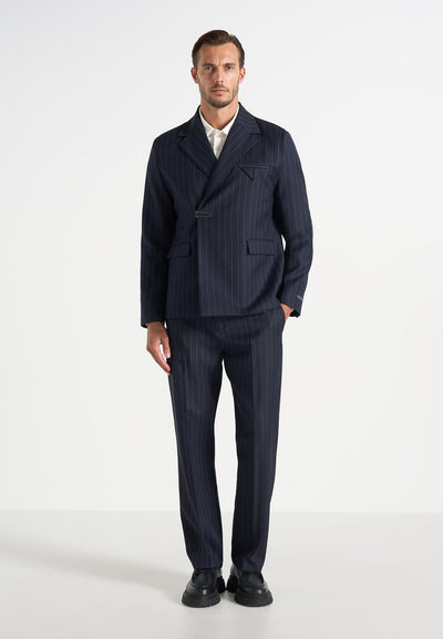 Gaston - Double Breasted Clasp Detail Wool-Blend Pinstripe  Suit Blazer - Navy