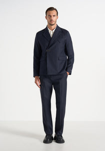 Gaston - Double Breasted Clasp Detail Wool-Blend Pinstripe  Suit Blazer - Navy