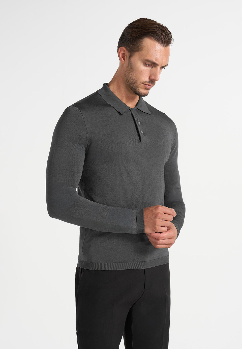 PL002 - Luxe Knitted Long Sleeve Polo Top - Grey