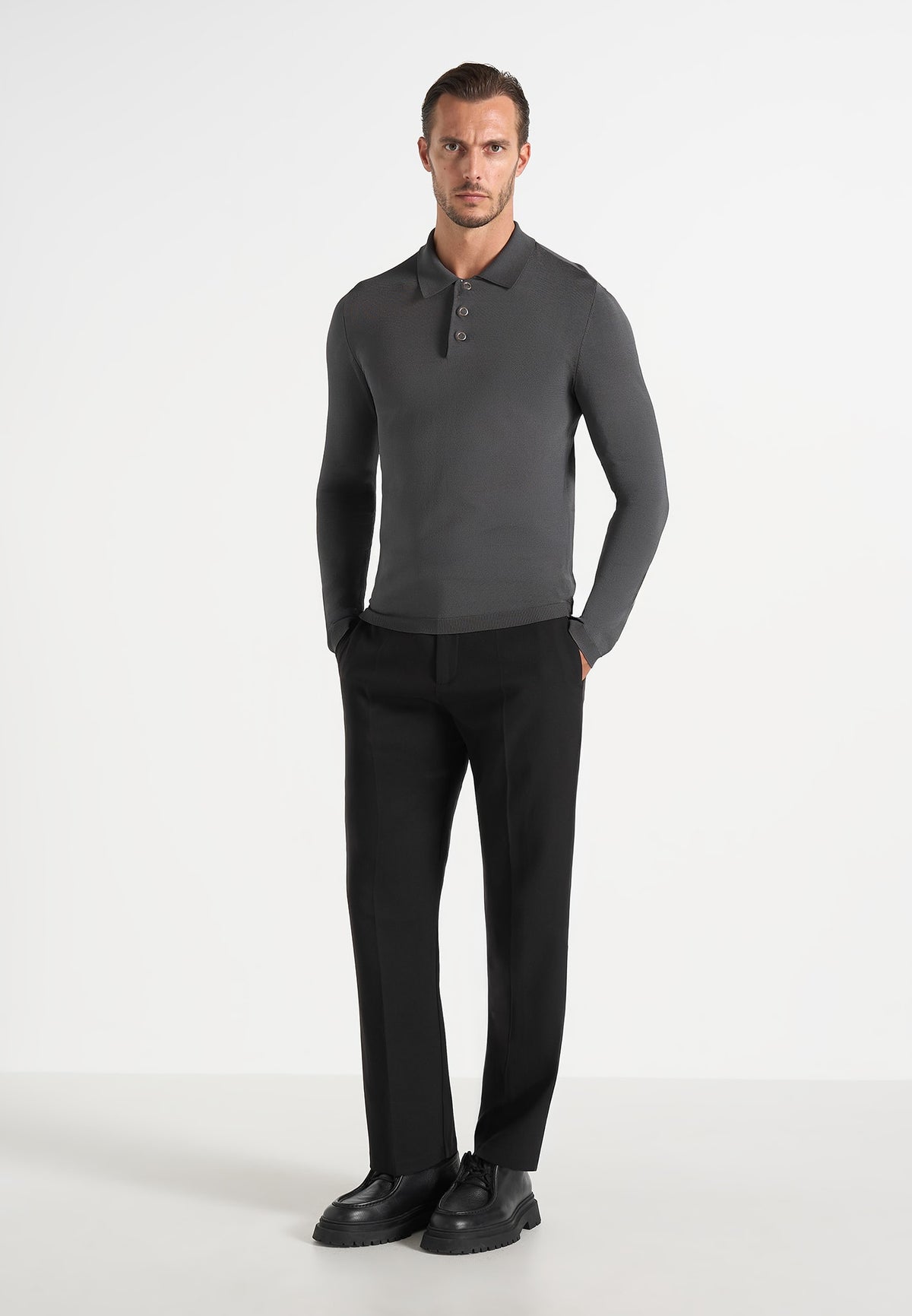 PL002 - Luxe Knitted Long Sleeve Polo Top - Grey