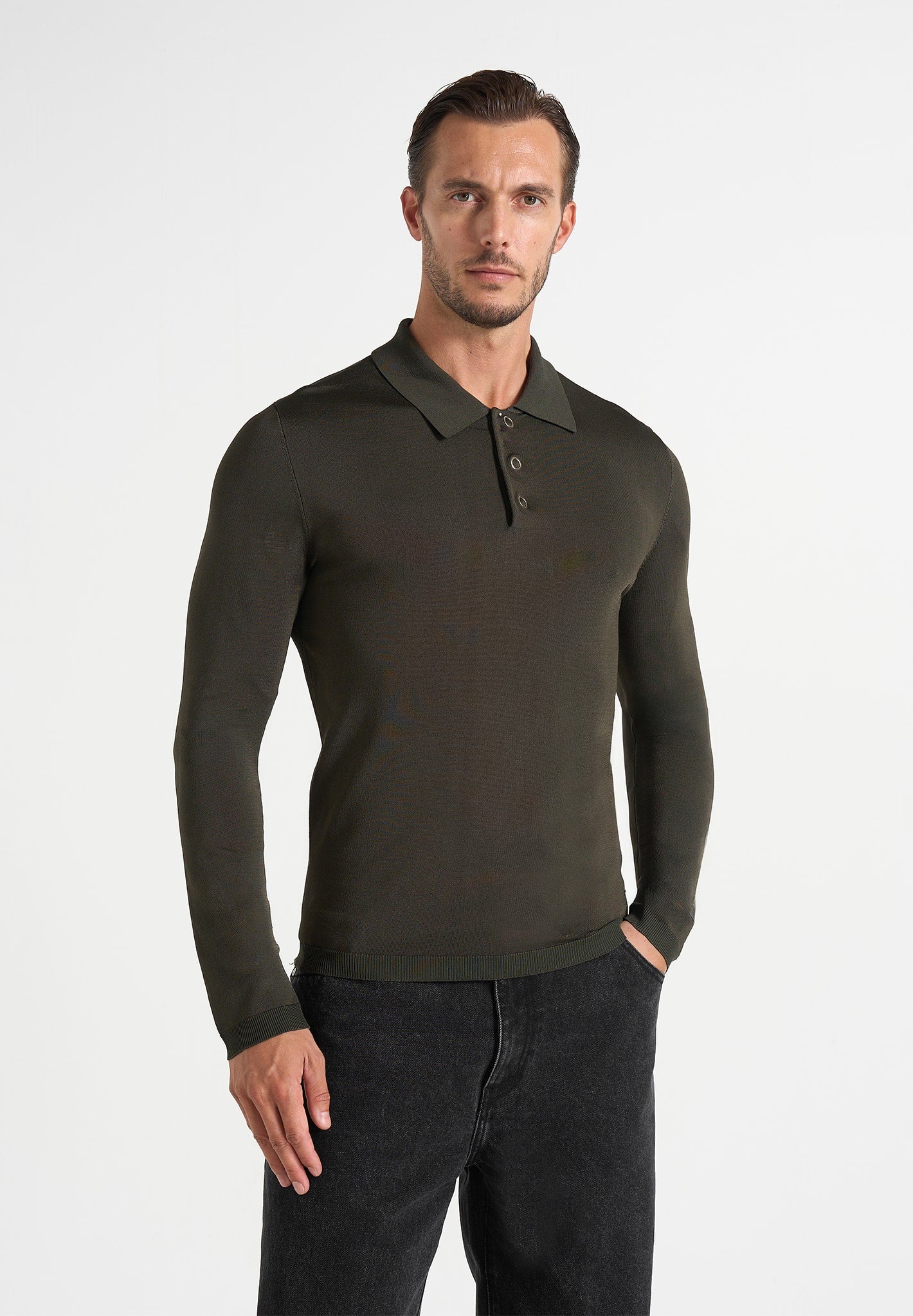 PL002 - Luxe Knitted Long Sleeve Polo Top - Olive
