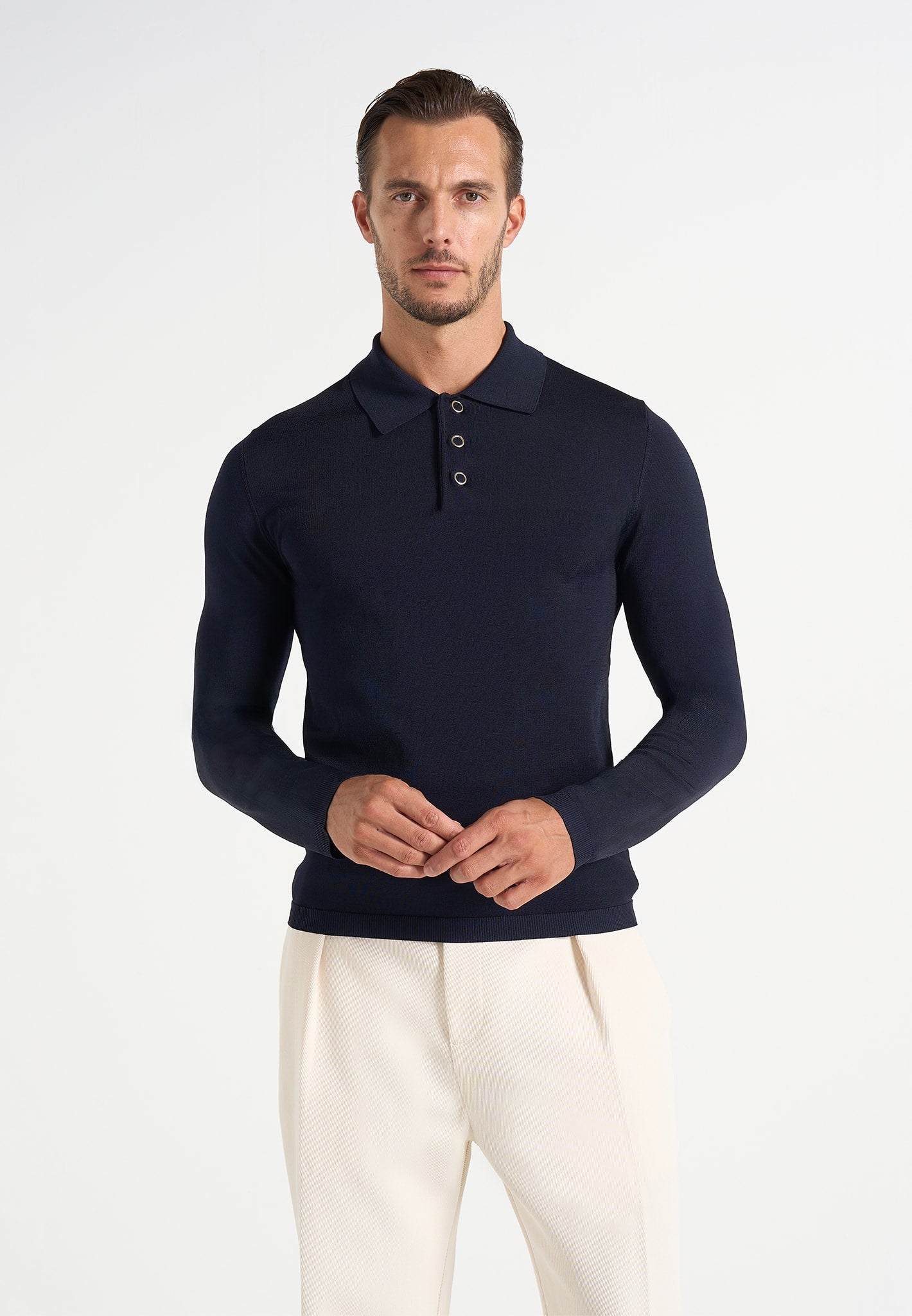 PL002 - Luxe Knitted Long Sleeve Polo Top - Navy