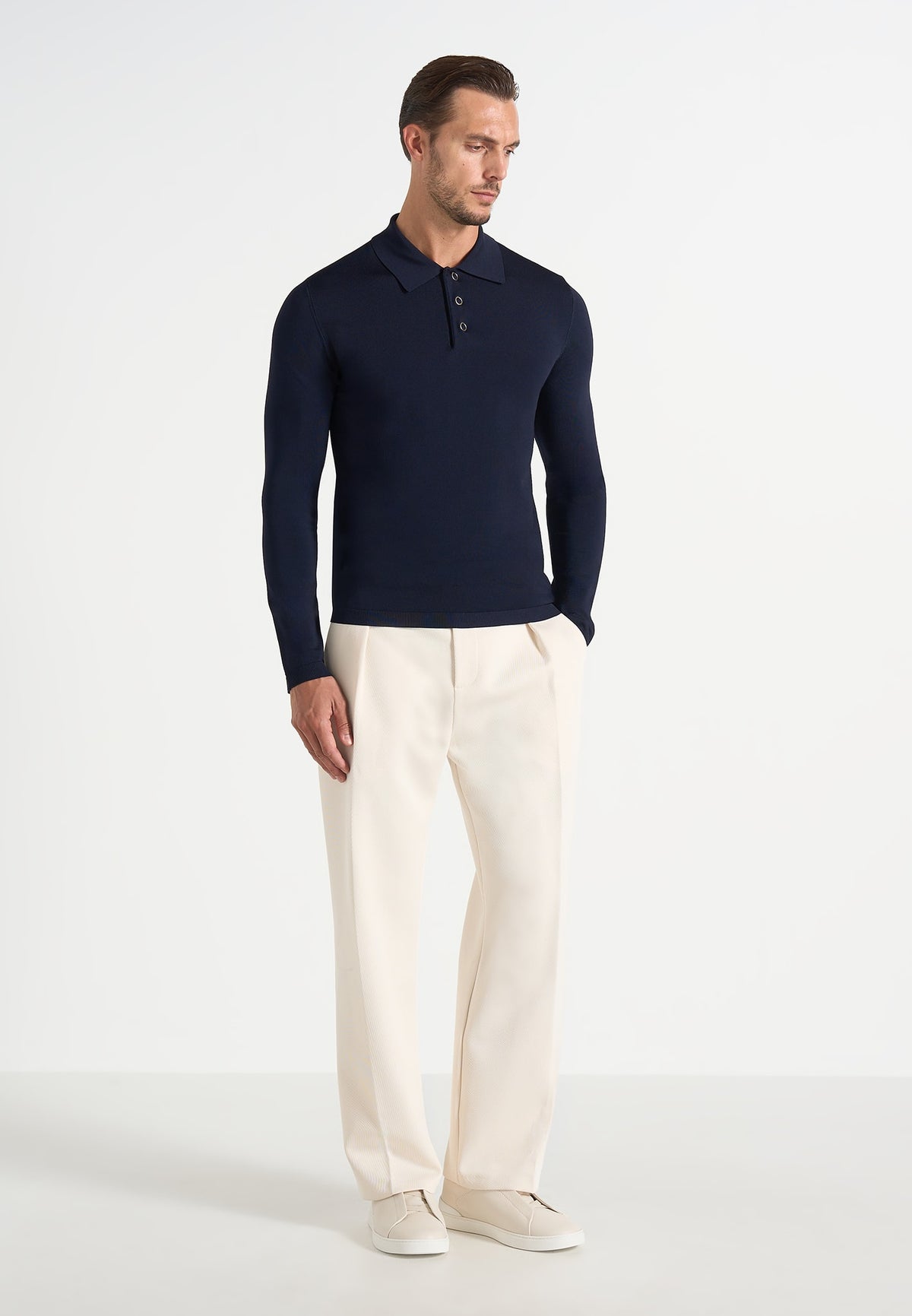 PL002 - Luxe Knitted Long Sleeve Polo Top - Navy