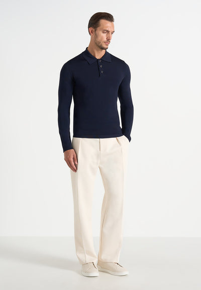 PL002 - Luxe Knitted Long Sleeve Polo Top - Navy
