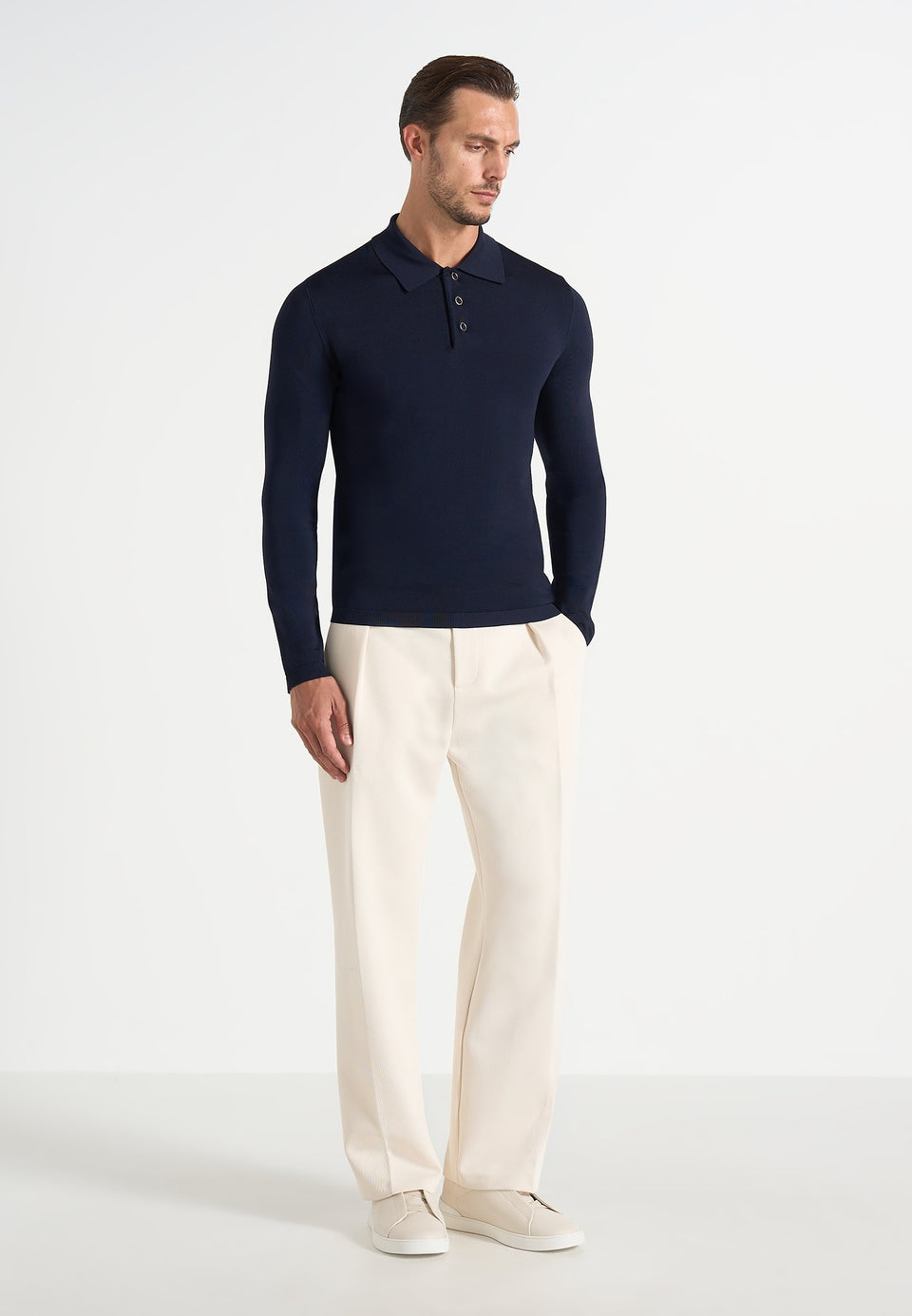 PL002 - Luxe Knitted Long Sleeve Polo Top - Navy