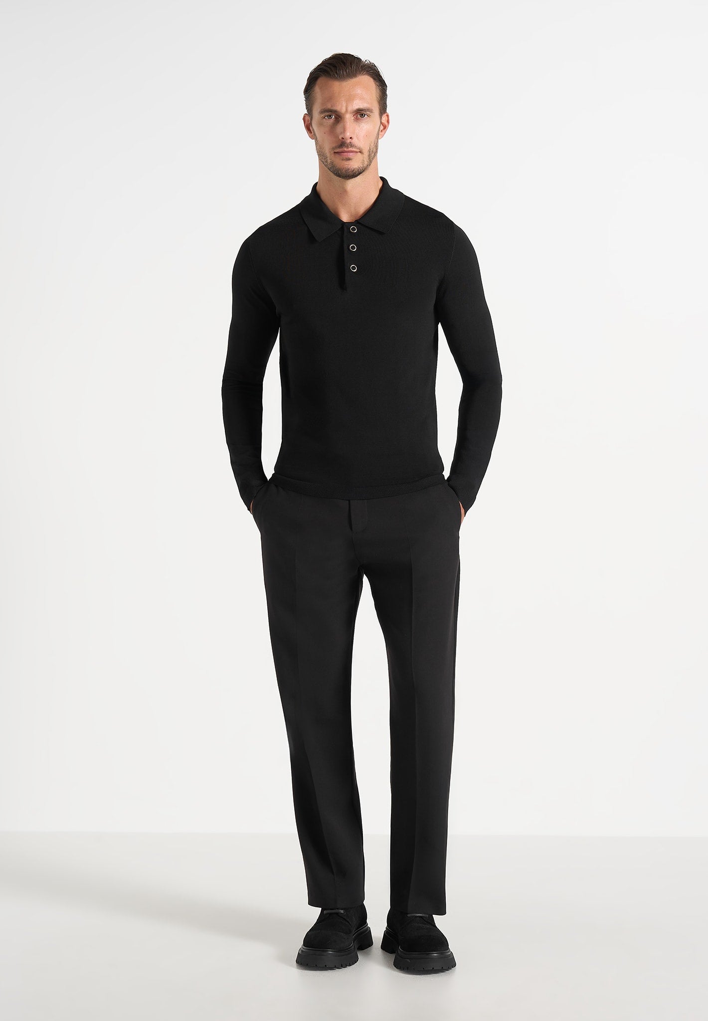 PL002 - Luxe Knitted Long Sleeve Polo Top - Black