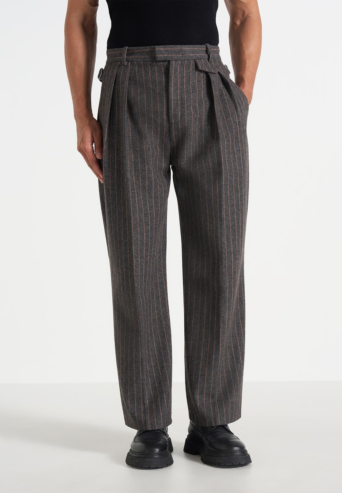 Pierre - Twin Pleat Wool Pinstripe Trousers - Grey