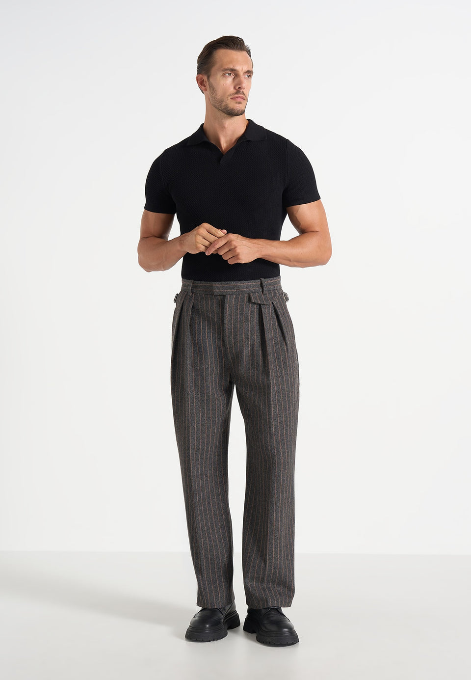 Pierre - Twin Pleat Wool Pinstripe Trousers - Grey