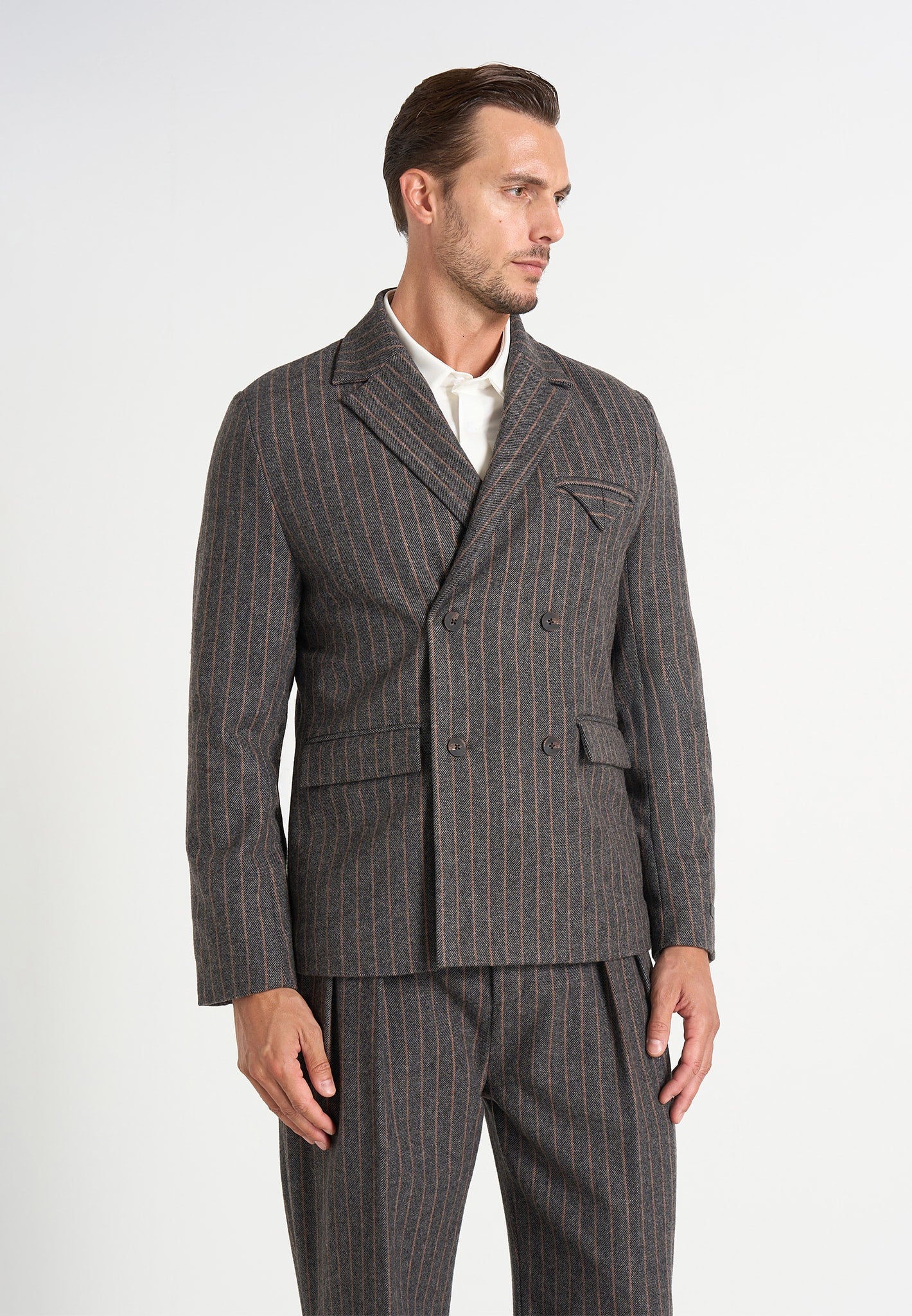 Didier - Double Breasted Wool Pinstripe Suit Blazer - Grey