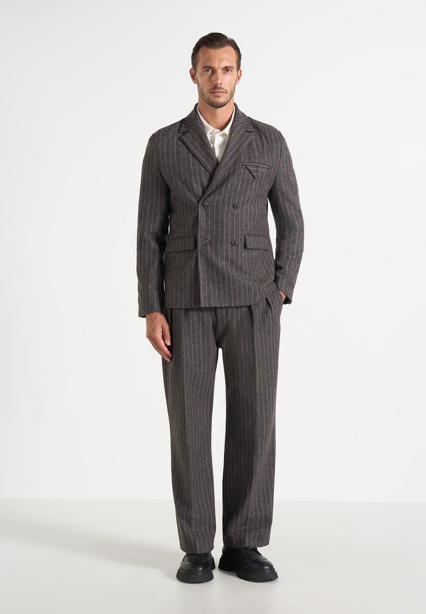 Didier - Double Breasted Wool Pinstripe Suit Blazer - Grey