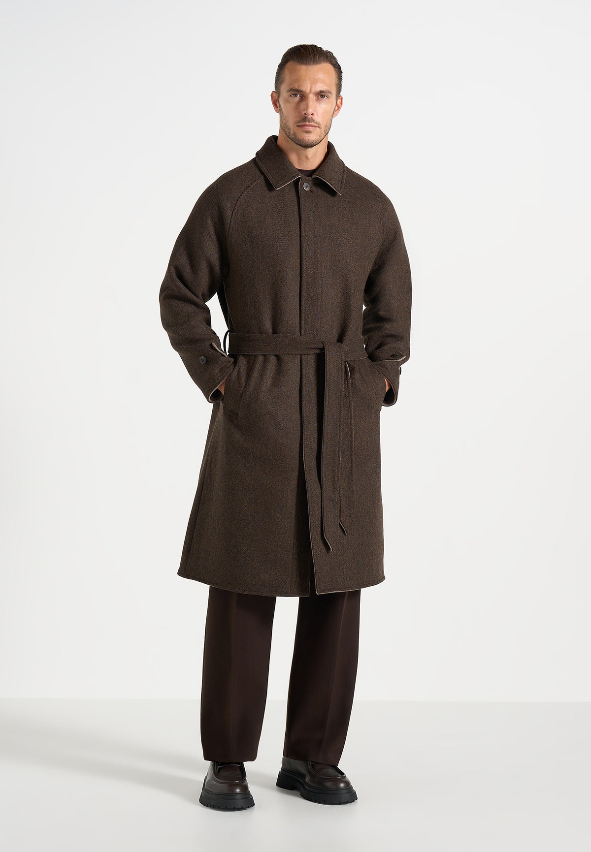 Alfie - Reversible Belted Wool-Blend Car Coat - Brown / Taupe