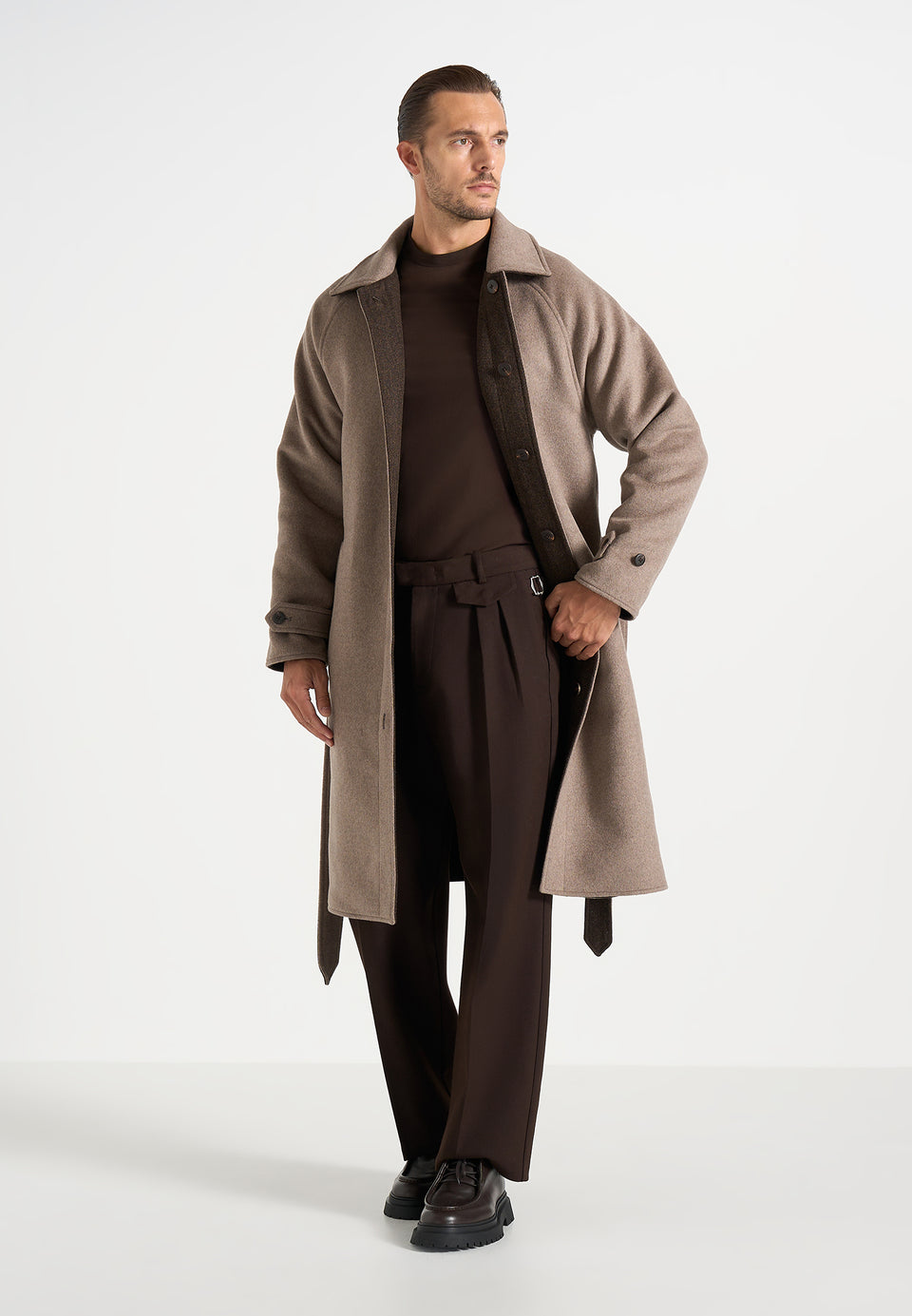 Alfie - Reversible Belted Wool-Blend Car Coat - Brown / Taupe